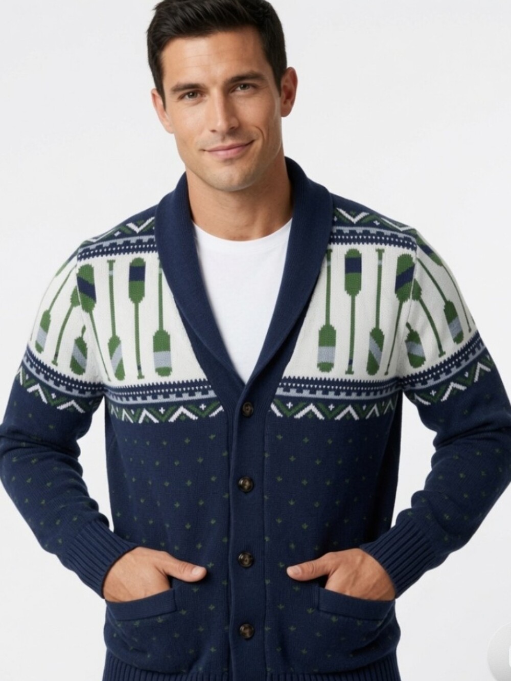 Merona Navy Shawl Collar Cotton Cardigan w Green &White Fair Isle (Size:large)